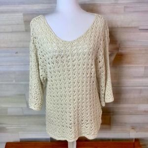 J. Jill Tunic Open Weave Sweater 3/4 Sleeve Scoop Neck Pullover Cream Size S